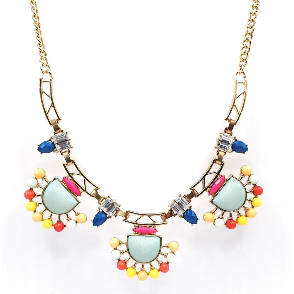 Gold Multicolor‎ Epoxy Bib Necklace Aqua Boho Statement